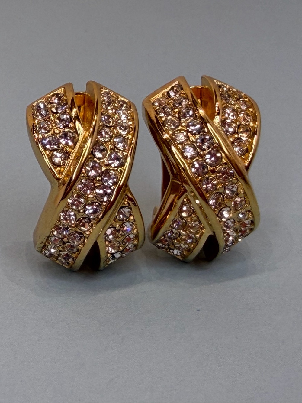 Christian Dior Vintage Gold Crystal Clip Earrings Signed Designer Statement - Picture 4 of 8
